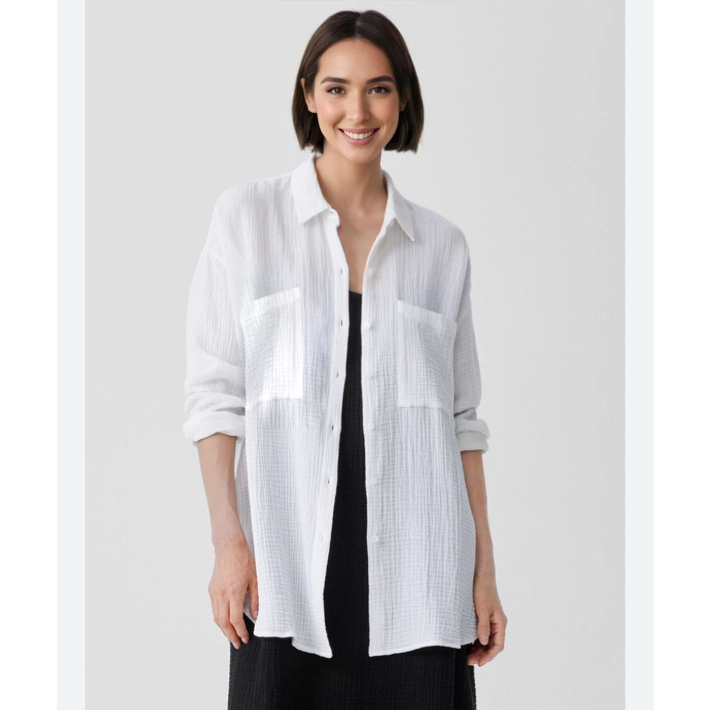 Eileen Fisher 100% Cotton Linen Long Sleeve Button Down Puckered Shirt L
