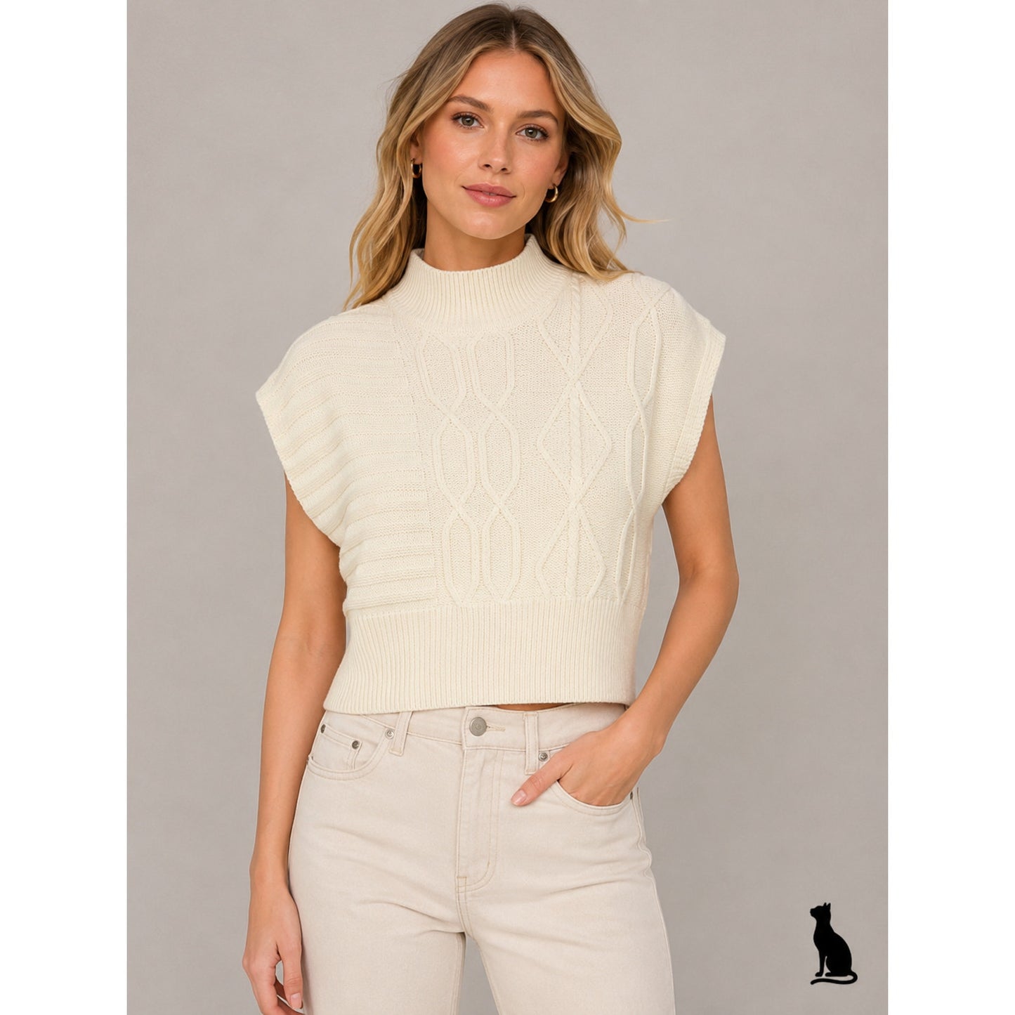 Emory Park Cream Mock Neck Geometric Knit Sweater Vest S