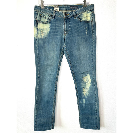 VINTAGE Volcom Stix Skinny Jeans Medium Wash Bleached Distressed Patched Denim