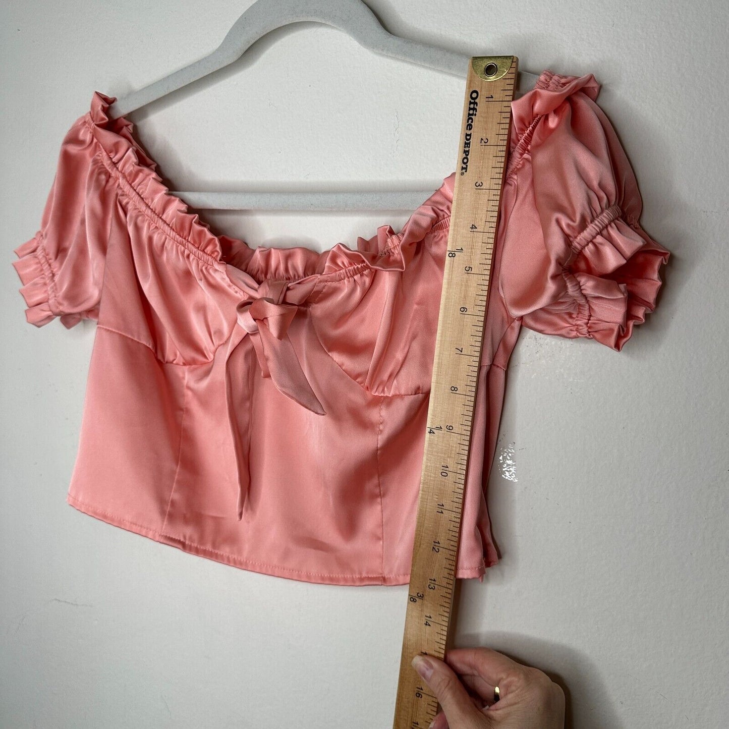 Nasty Gal Peachy Pink Satin Bodice Off Shoulder Crop Tie Close Ruffle Edge Top 6
