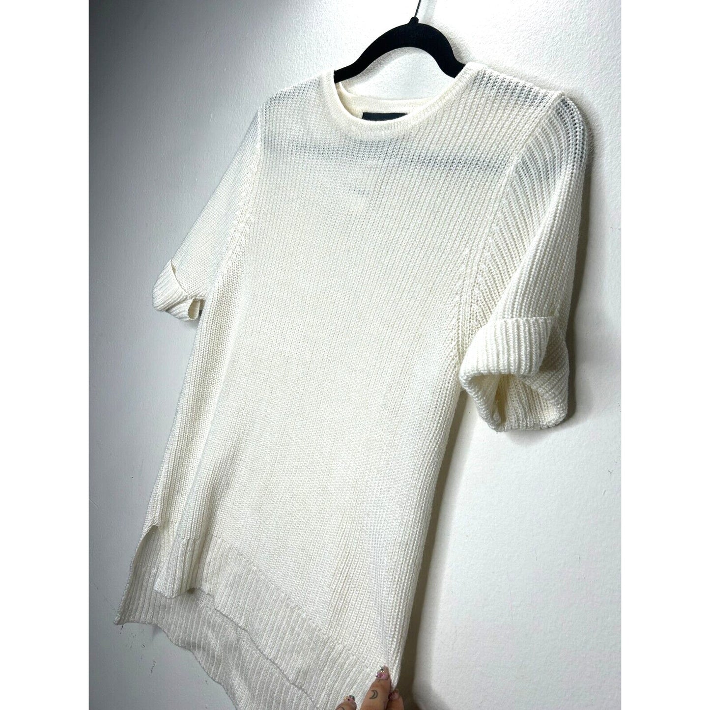 Lovemarks White Ivory Knit Short Cuffed Sleeve High Low Round Neck Sweater S