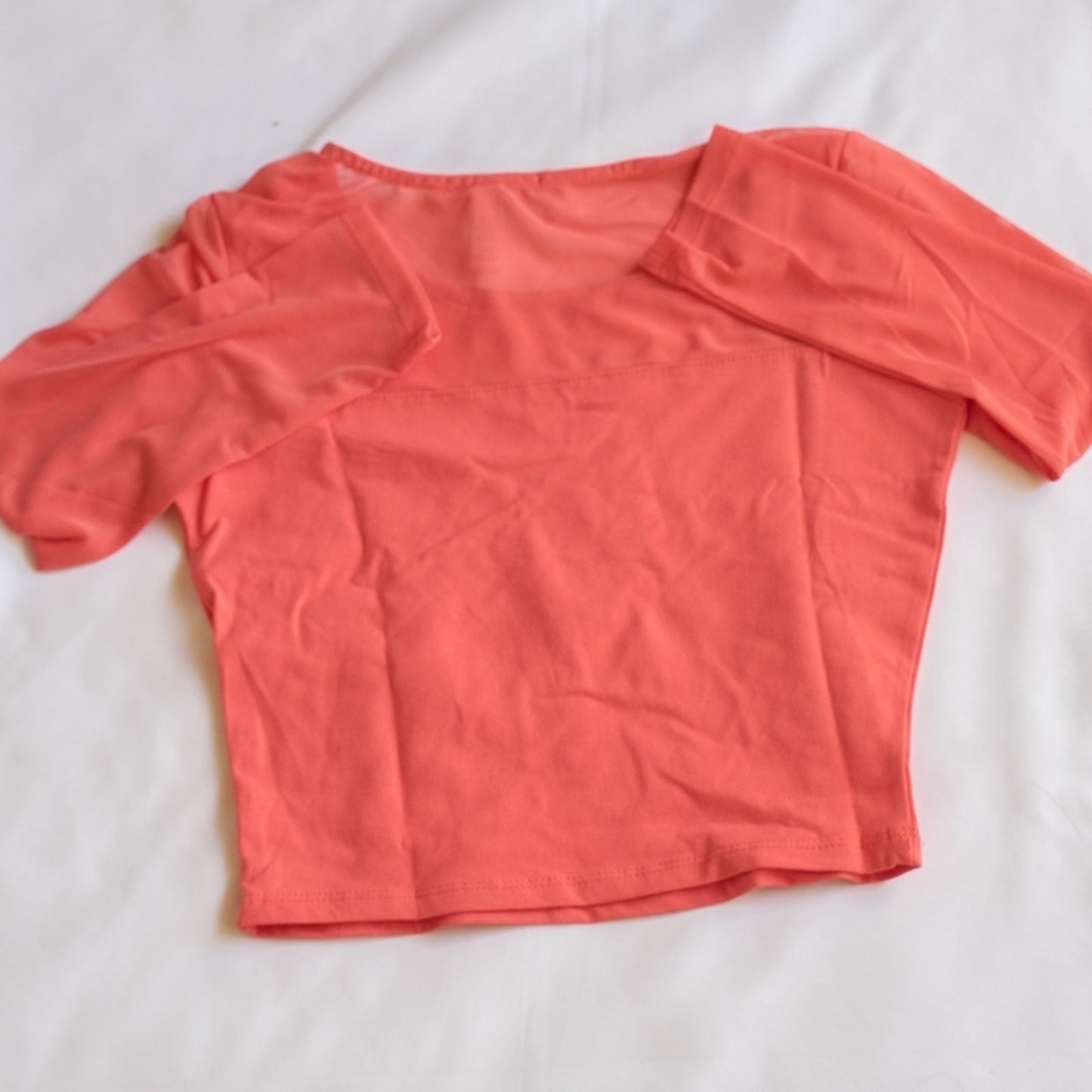 NWT Cute Peach Coral Sheer Heart Design Crop Top Blouse 3/4 sleeve Medium
