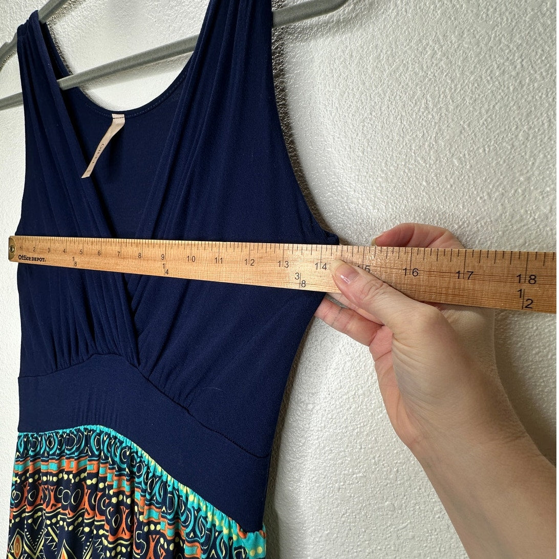 Gilli Navy Blue Teal Orange Multi Print Faux Wrap V-Neck Sleeveless Maxi Dress M