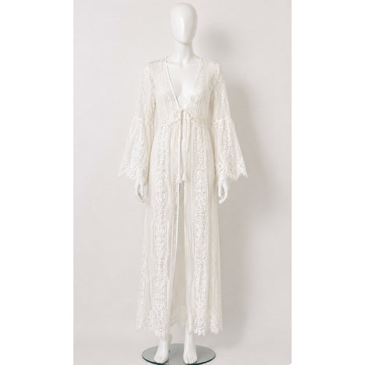 Sheer White Oval Shape Floral Lace Maxi Kimono Flutter Sleeve Beach Cover Up M