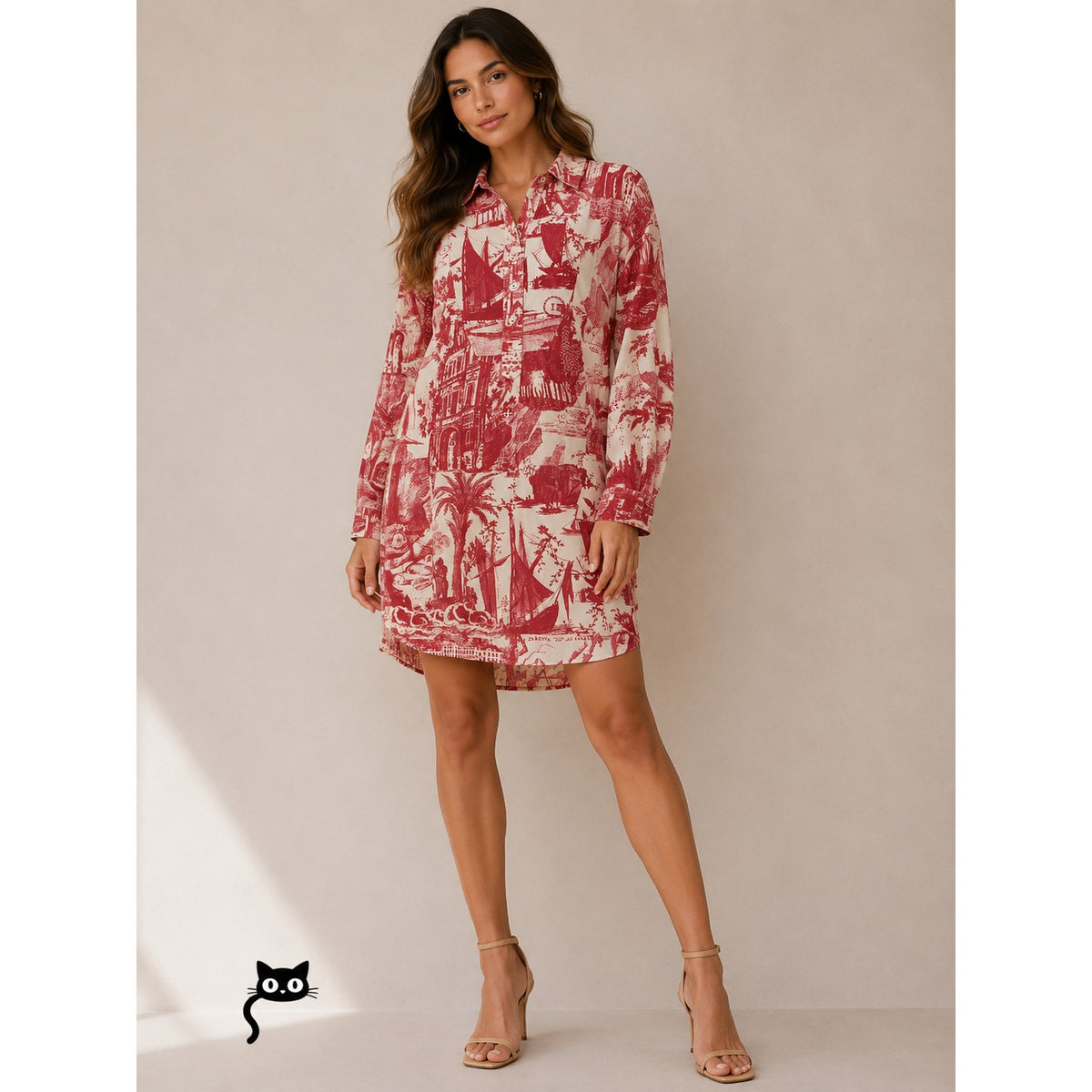 Libertine Red & Cream Toile De Nantes Print Half-Button Long Sleeve Tunic L / XL