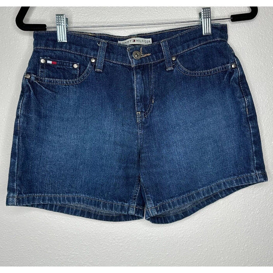 Tommy Hilfinger Medium Blue Wash Mid Rise Boyfriend Jean Shorts Y2K Flag Logo 4
