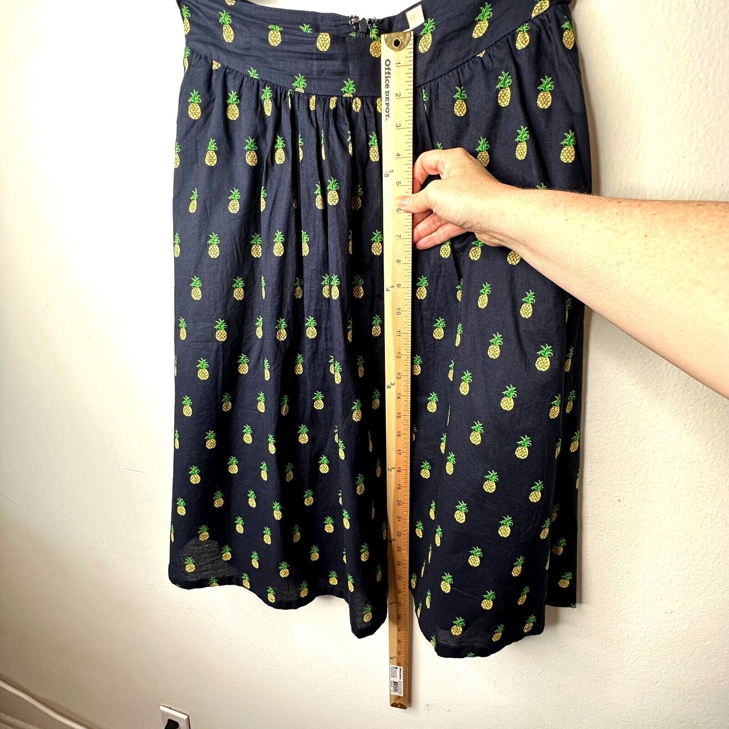 Mo:Vint NY Navy Pineapple Print Pleated Tie Pocket Circle Cotton Midi Skirt SM