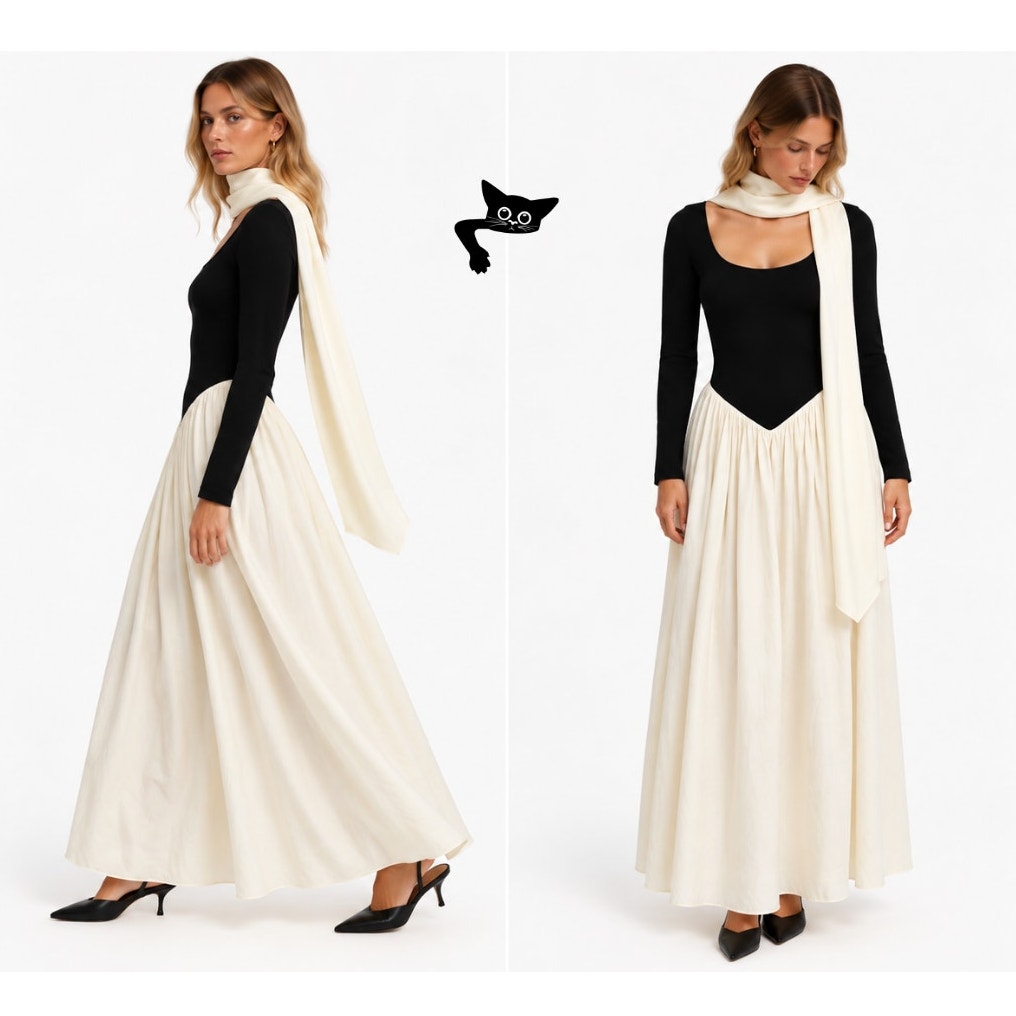 The Bekk Claire Scarf Basque Waist Maxi Dress Black Ivory Women's US S