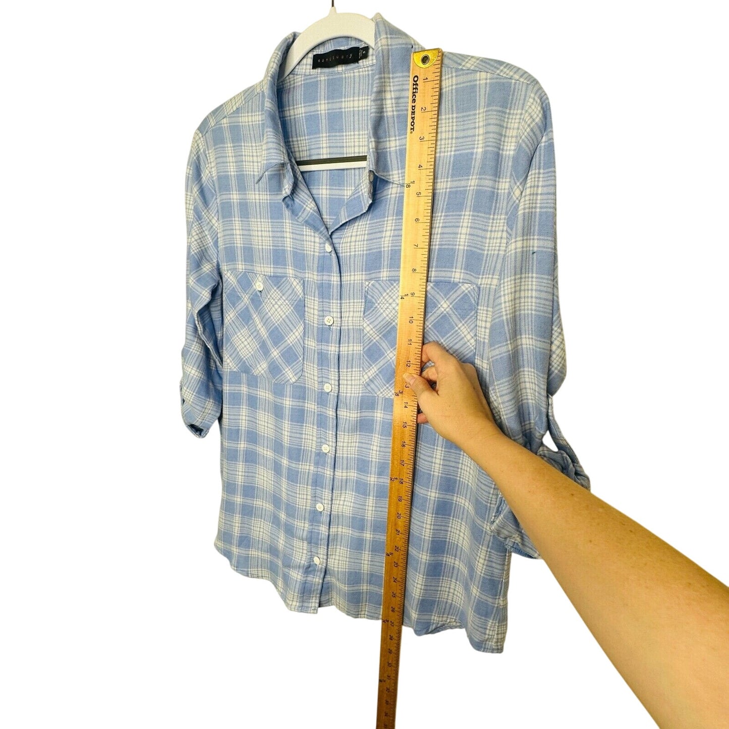 Sanctuary Blue & White Plaid Boyfriend Button Up Shirt Roll Tab Sleeves S