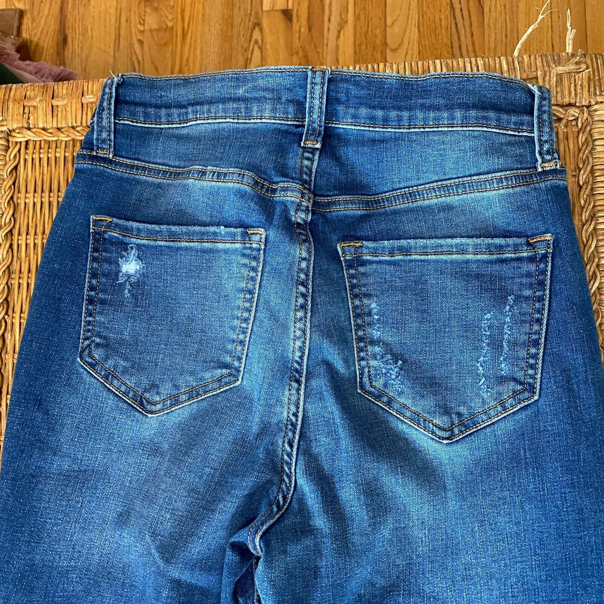 Fashion Nova Smiley High-Rise Distress Knees Jean Medium Blue Wash Raw Hem 7