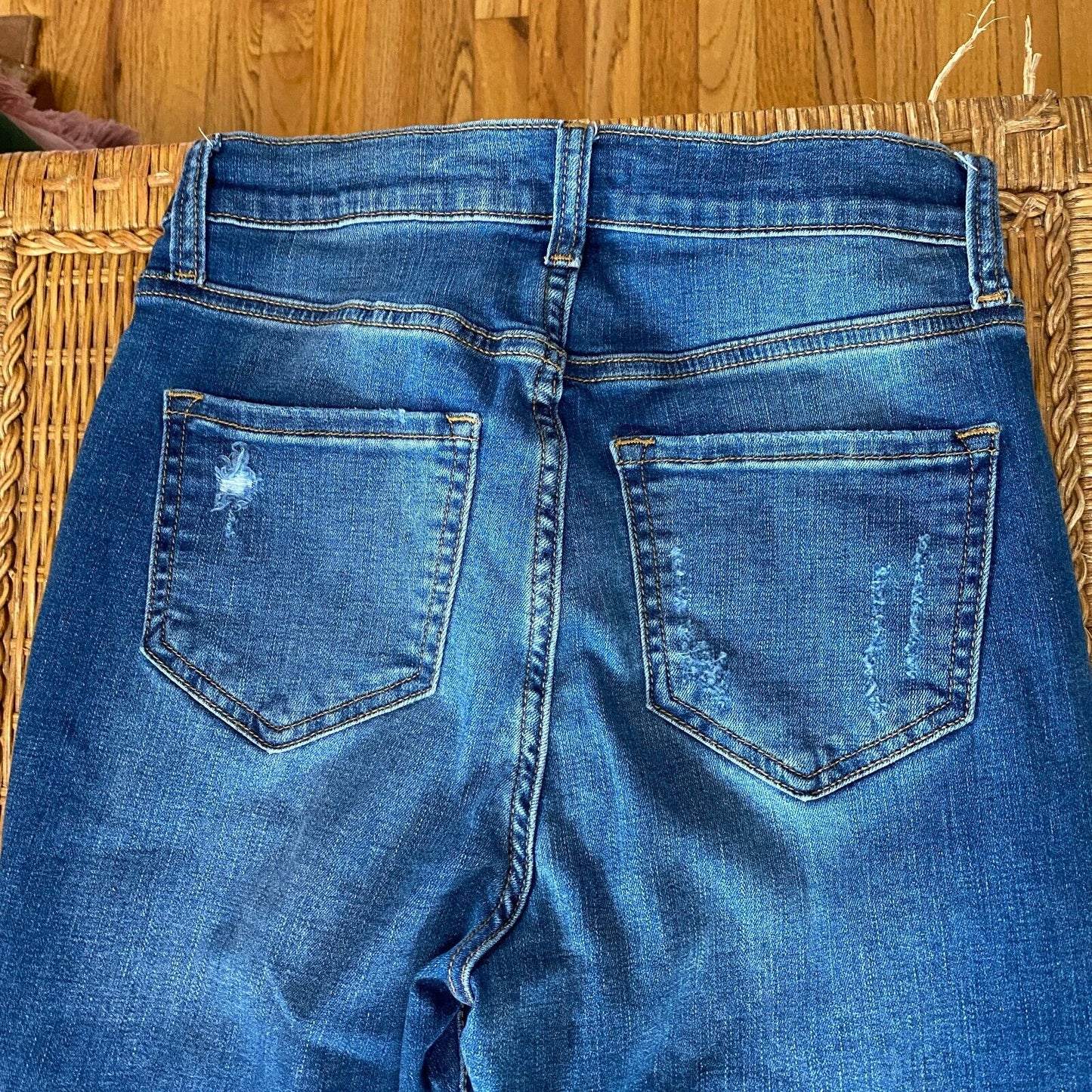 Fashion Nova Smiley High-Rise Distress Knees Jean Medium Blue Wash Raw Hem 7