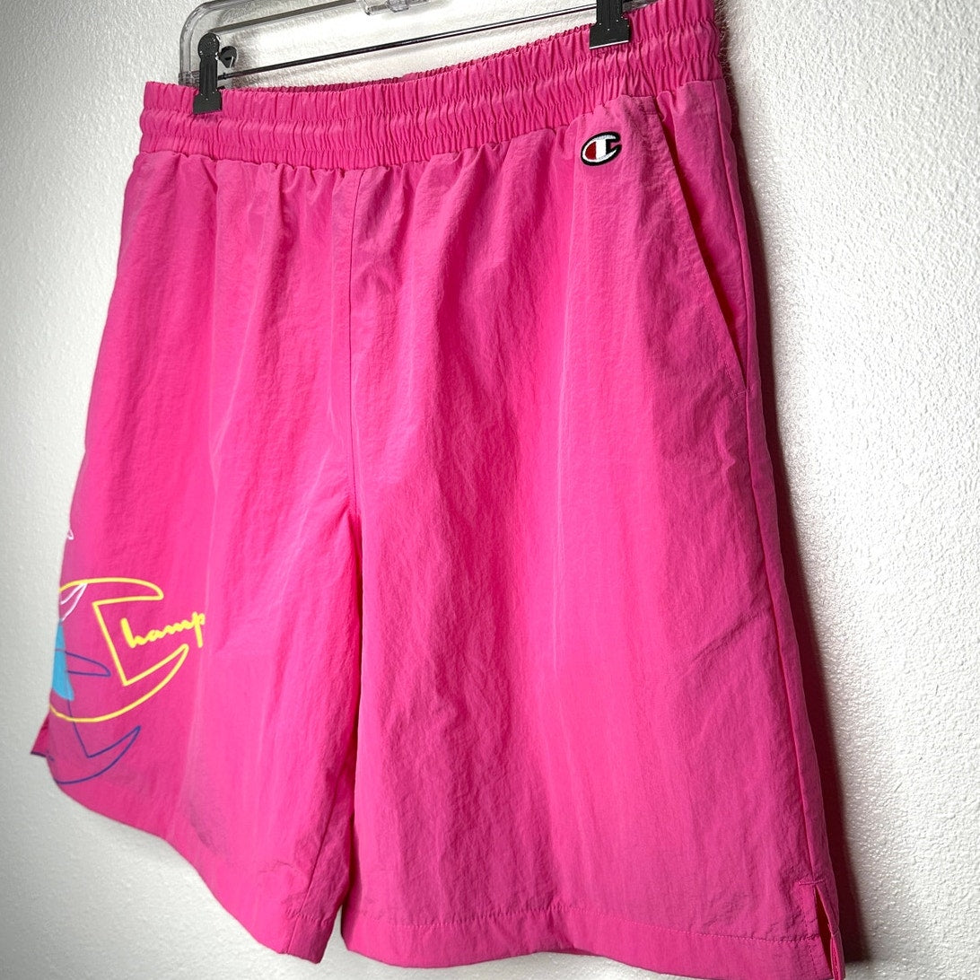 Champion Pink Lightweight Crinkle Nylon Lined Shorts Color Pop Logo L
