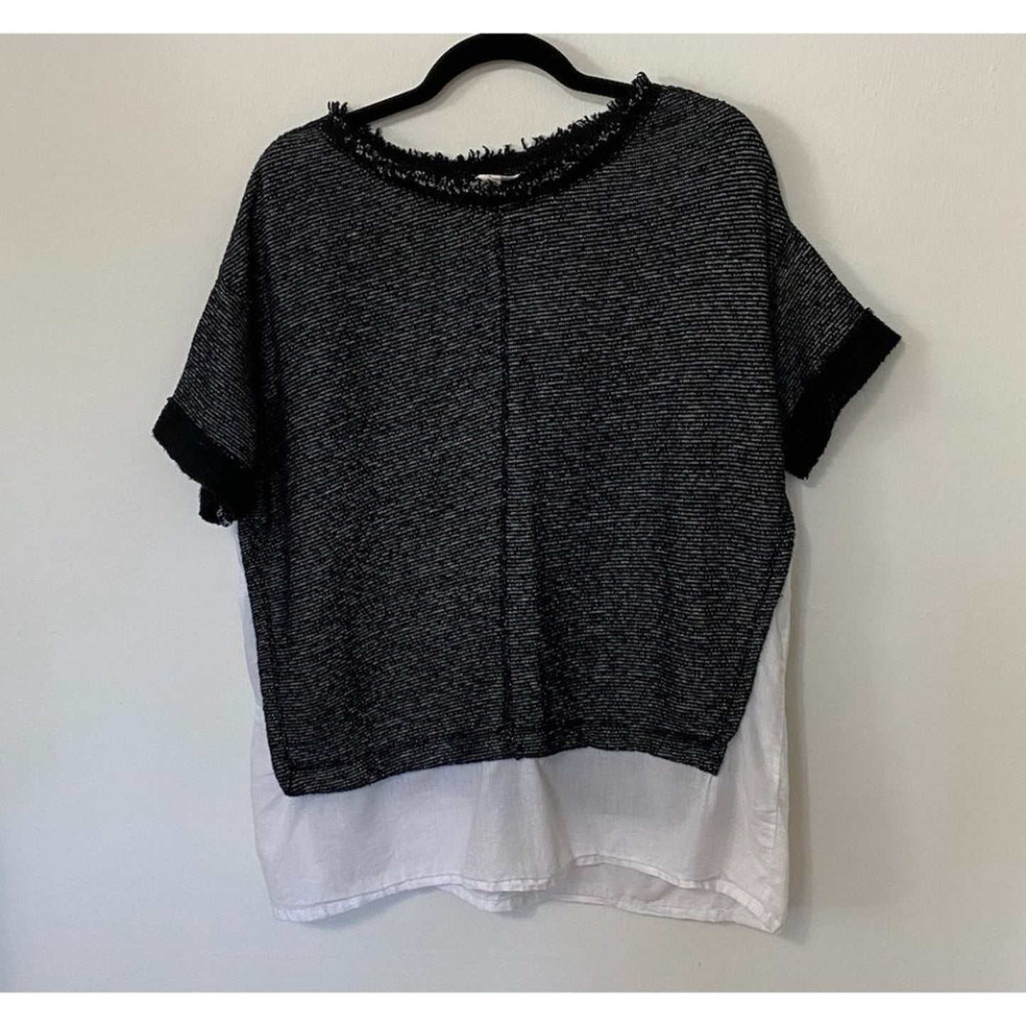 Caslon Black White Color Block Boxy Crewneck Woven Hem Striped Texture Top M