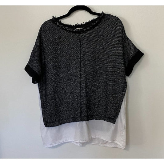 Caslon Black White Color Block Boxy Crewneck Woven Hem Striped Texture Top M
