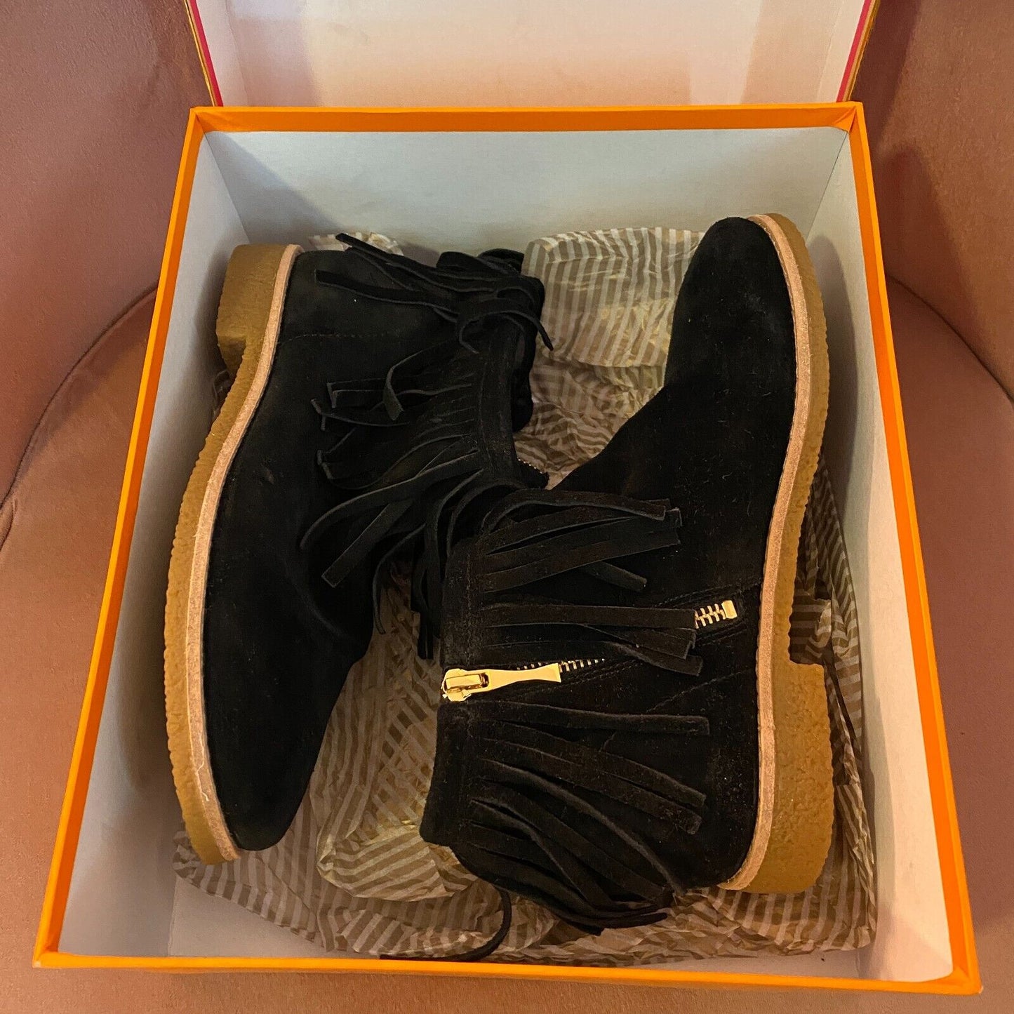 NIB Kate Spade Cute Betsie Black Fringe Suede Bootie Ankle Boot Gold Zipper 6