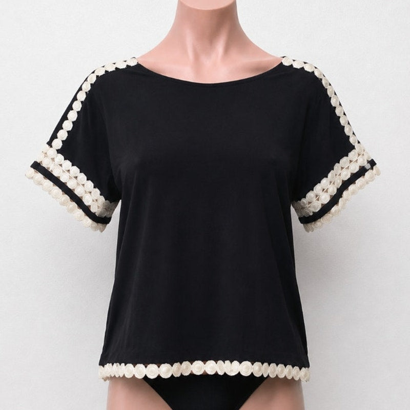 J Crew Comfy Black and Cream Embroidery Stitch Circles Sleeve Hem Design Top XXS