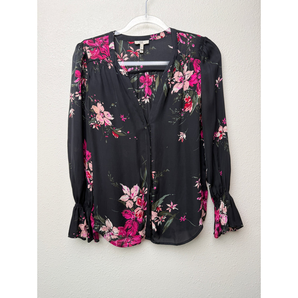 Joie Black Pink Floral Silk V Neck Blouse Women S