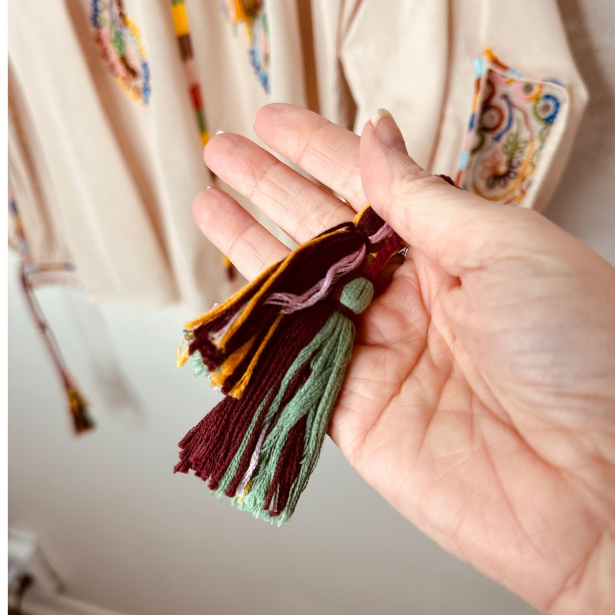 Fortela Ghodsi Tan Multicolor Beade Embroider Print Peasant Blouse 40