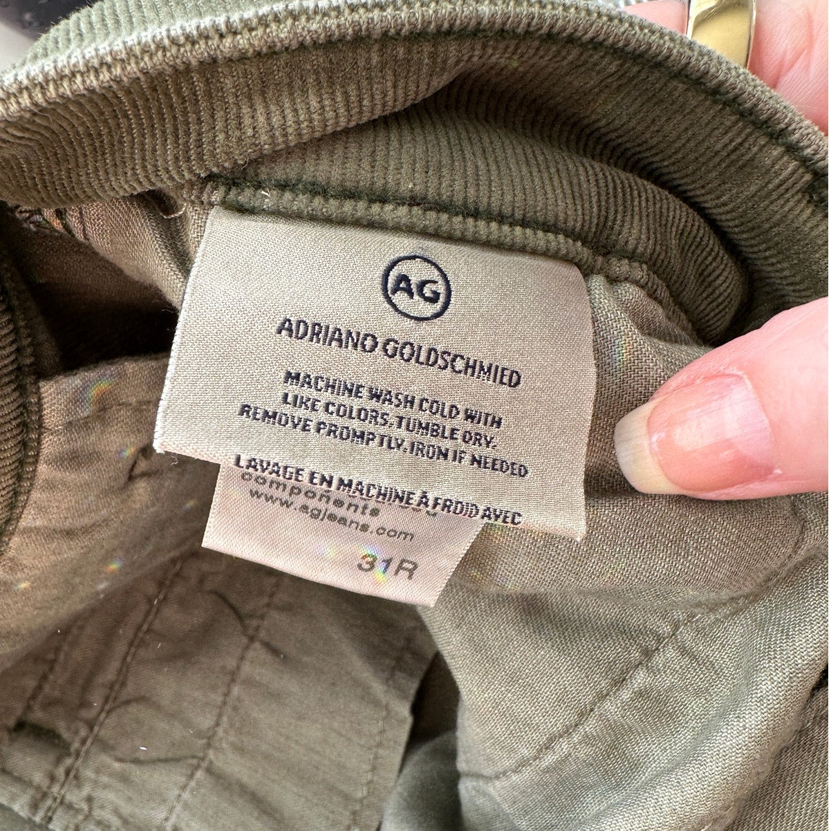 AG Adriano Goldschmied Caden Tailored Corduroy Trousers Olive Green Women’s 31R