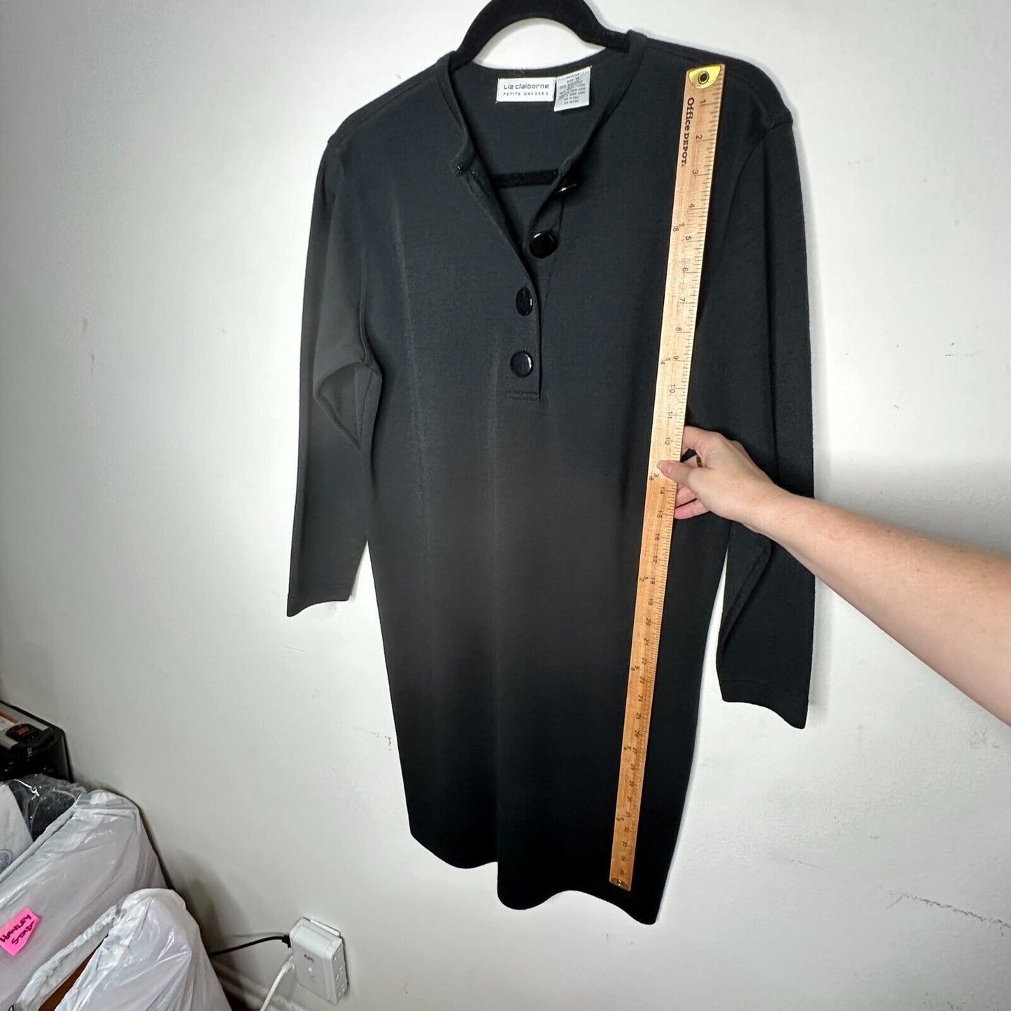 Liz Claiborne Black Henley V-Style Half Button 3/4 Sleeve Wool Dress M