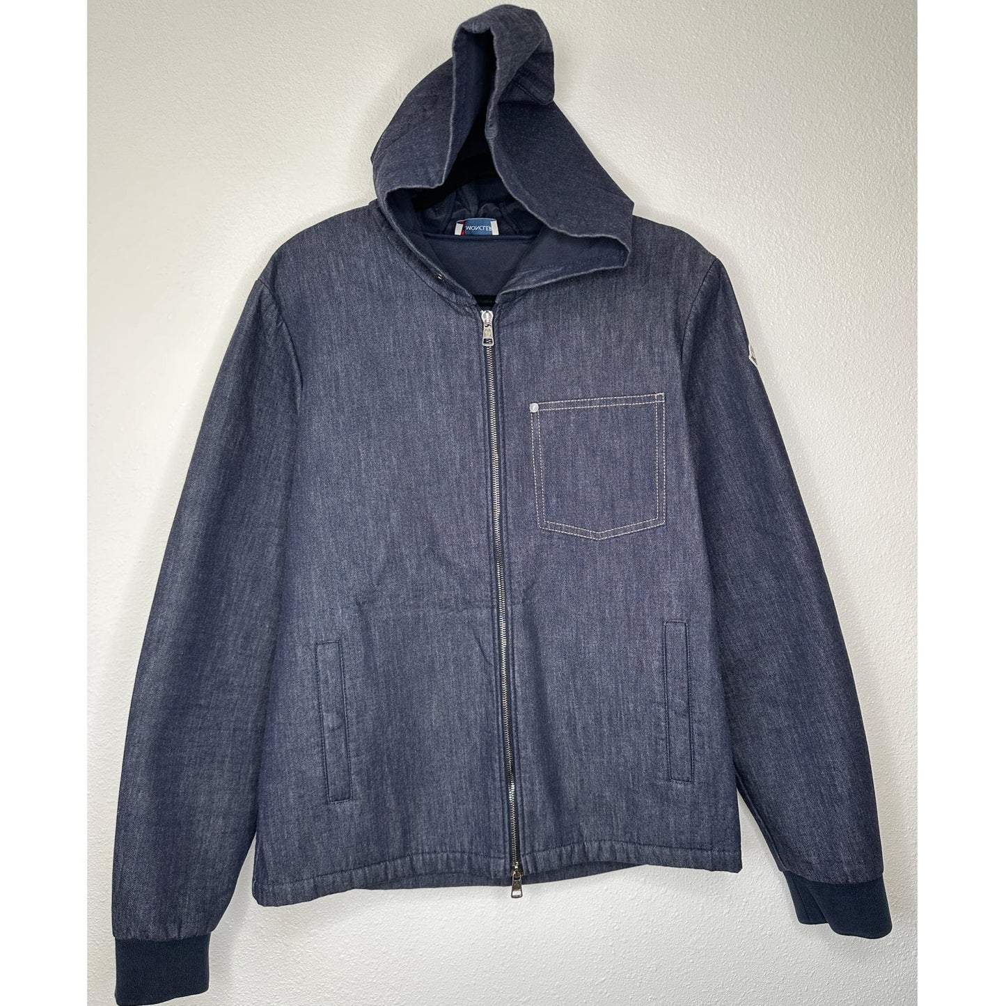 Moncler Maglia Cardigan Dark Wash Denim Blue Zip Hooded Jacket L