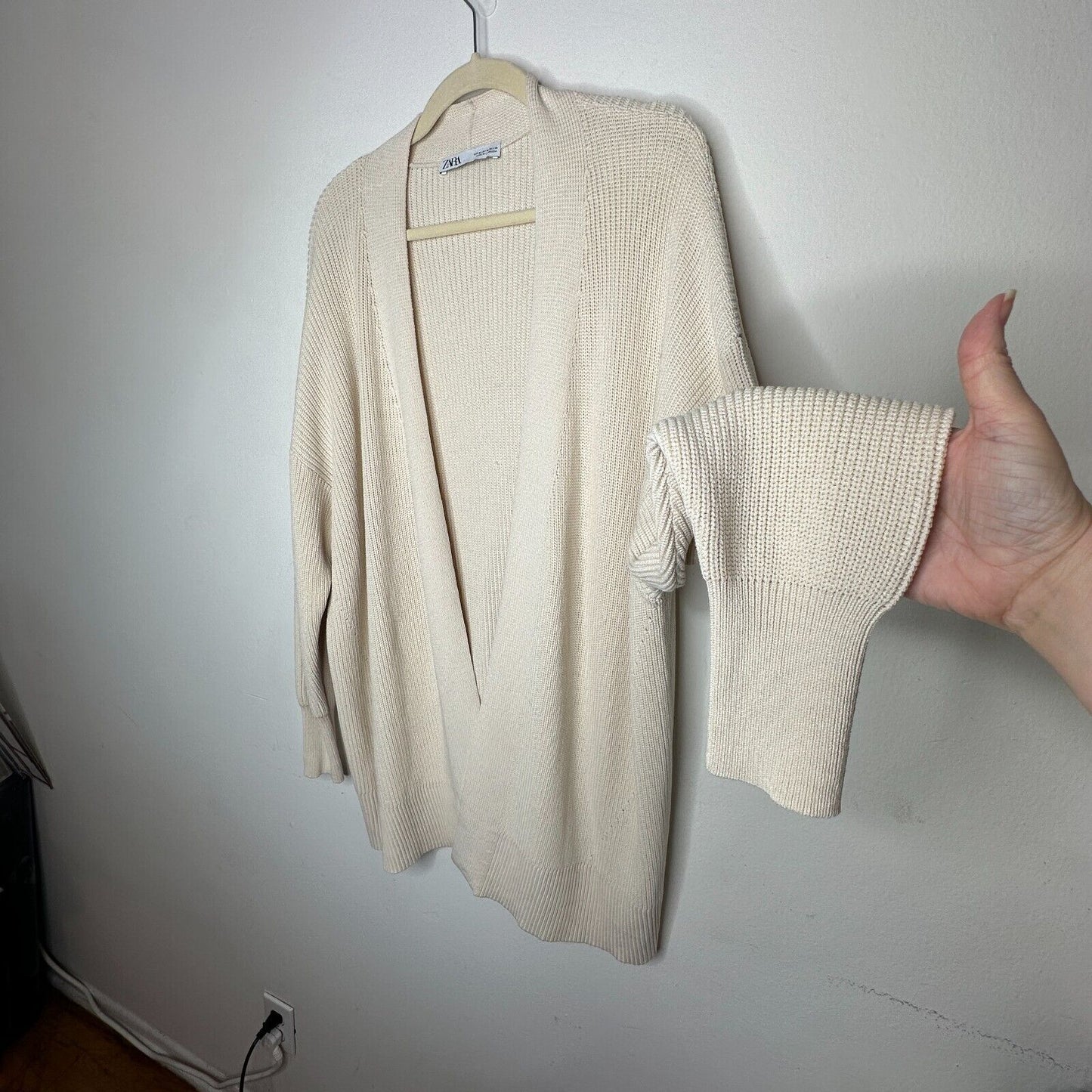 Zara Cream Heavy Ribbed Knit Longline Open Face Cardigan Sweater Ribbed Medium