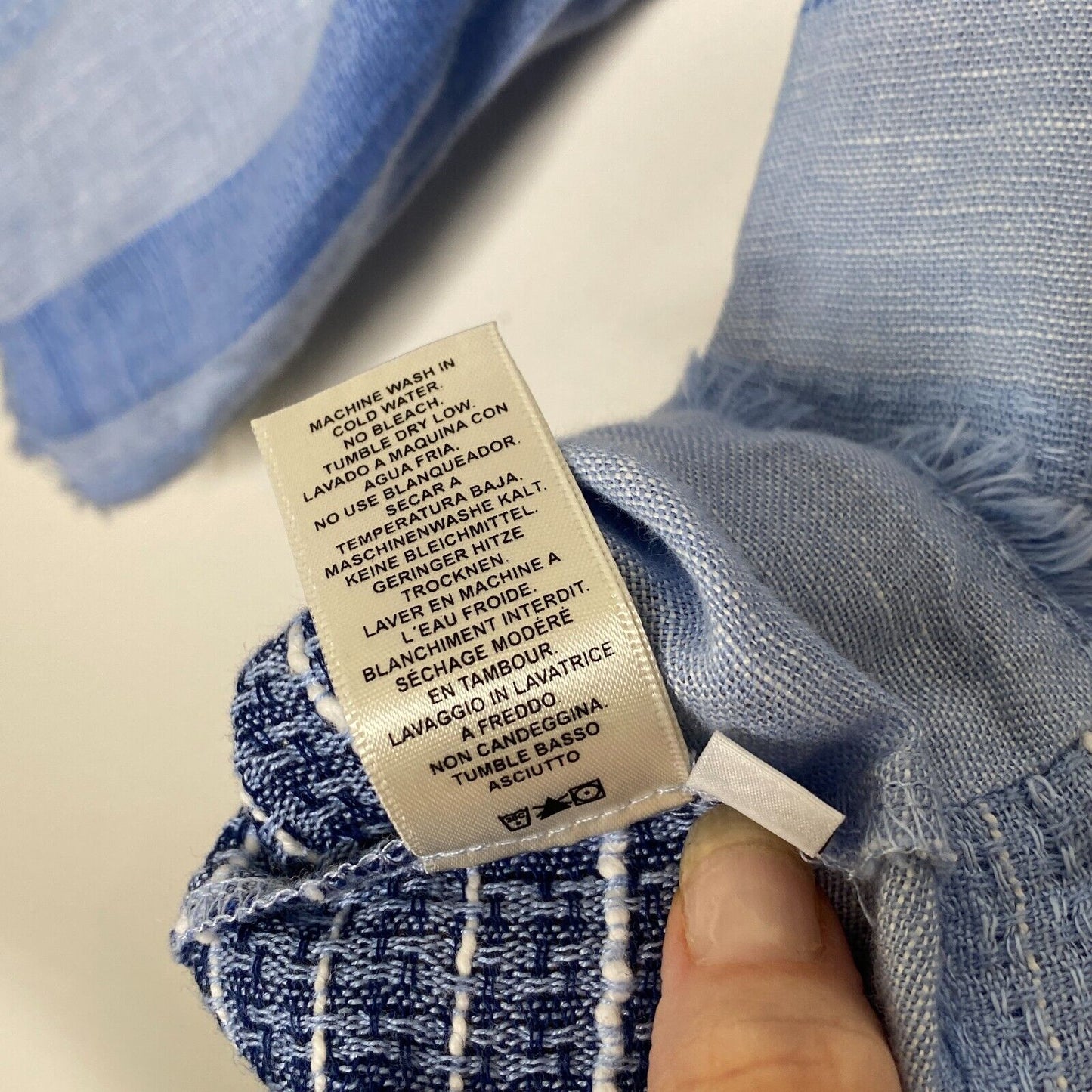 Cloth & Stone Light Blue & Navy Stripe Linen Bell Sleeve Raw Hem Tie Neck Top XS