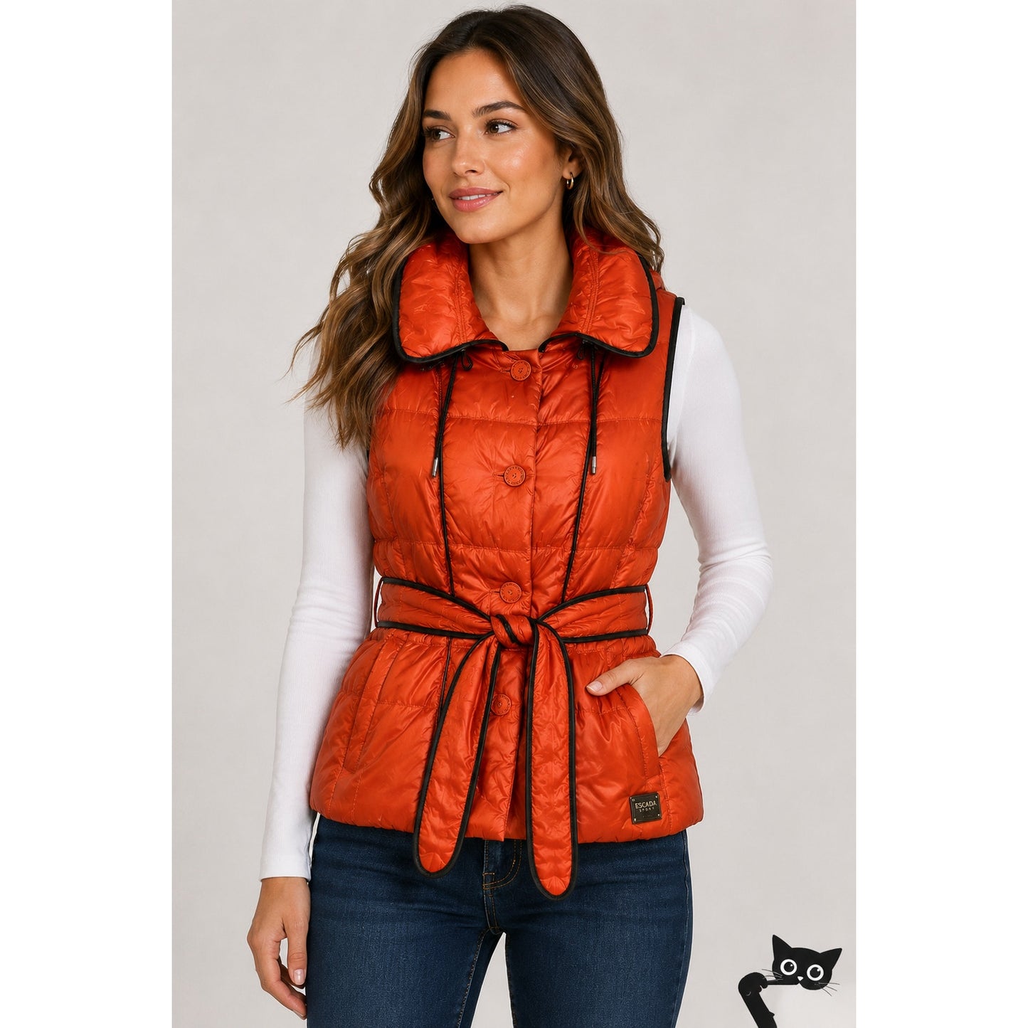 Escada Sport Orange Goose Down Quilted Puffer Belted Vest 38 / 8