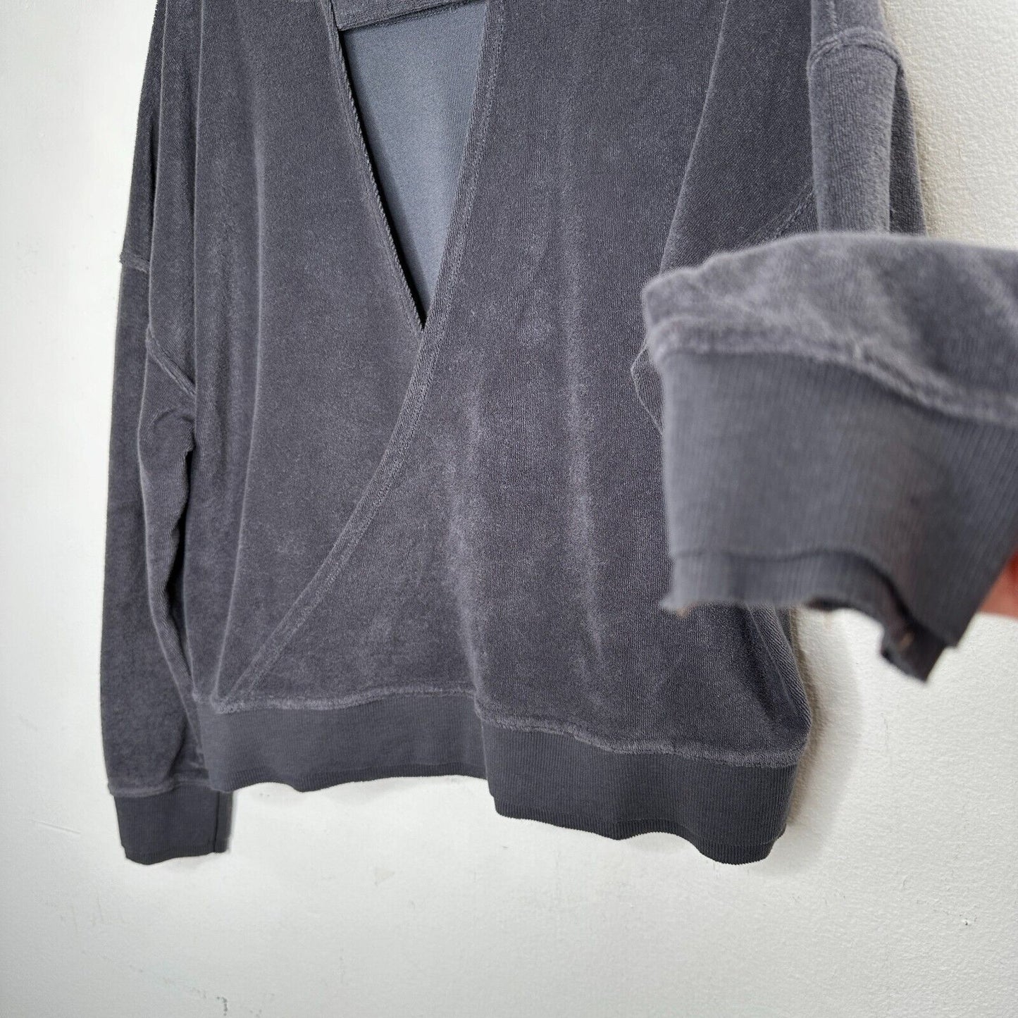 Joy Lab Dark Gray Long Sleeve Crop Terrycloth Sweater Faux Wrap Open V-Back SM