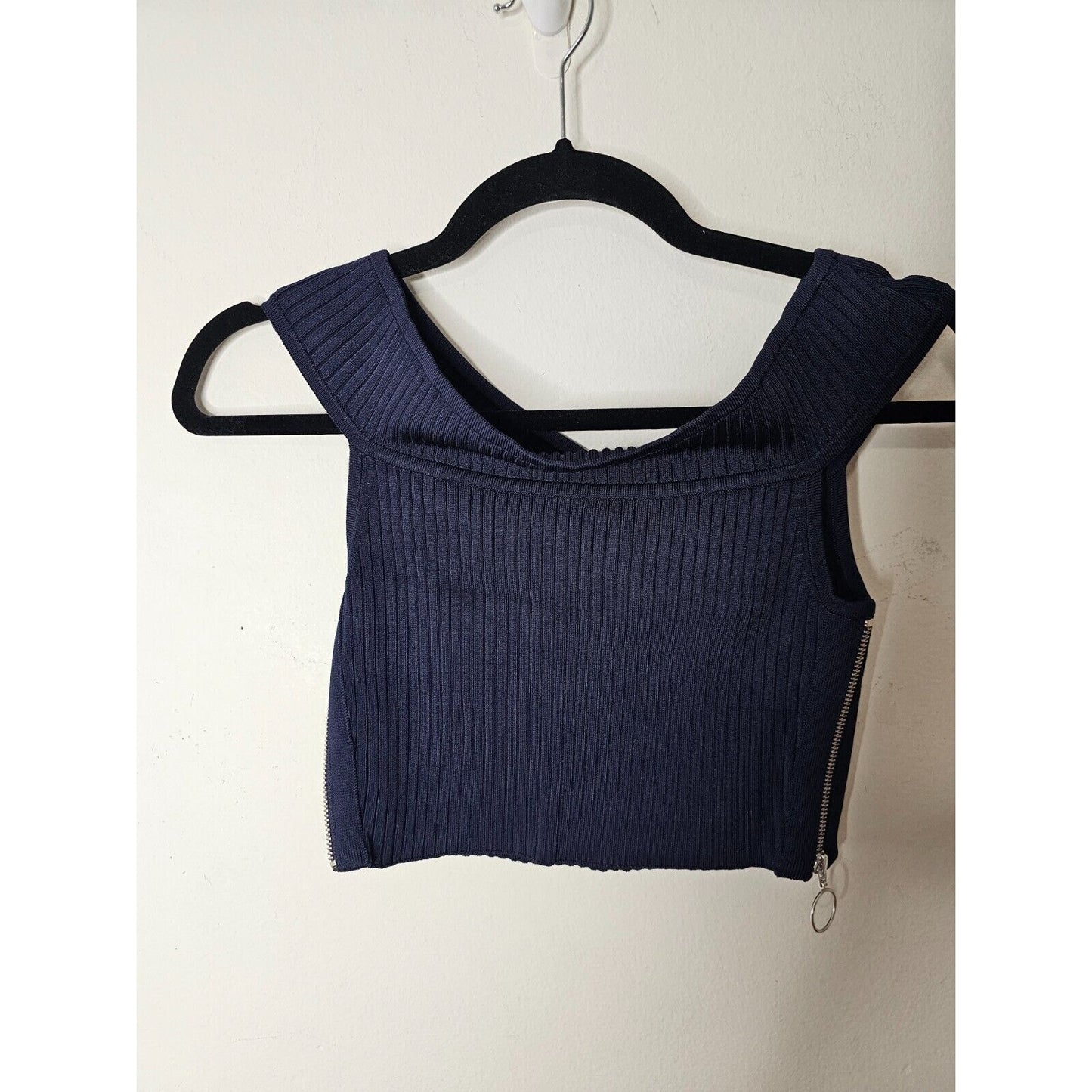 Arc Navy Blue Off Shoulder Ribbed Sweater Silver Side Zip Crop Top P S