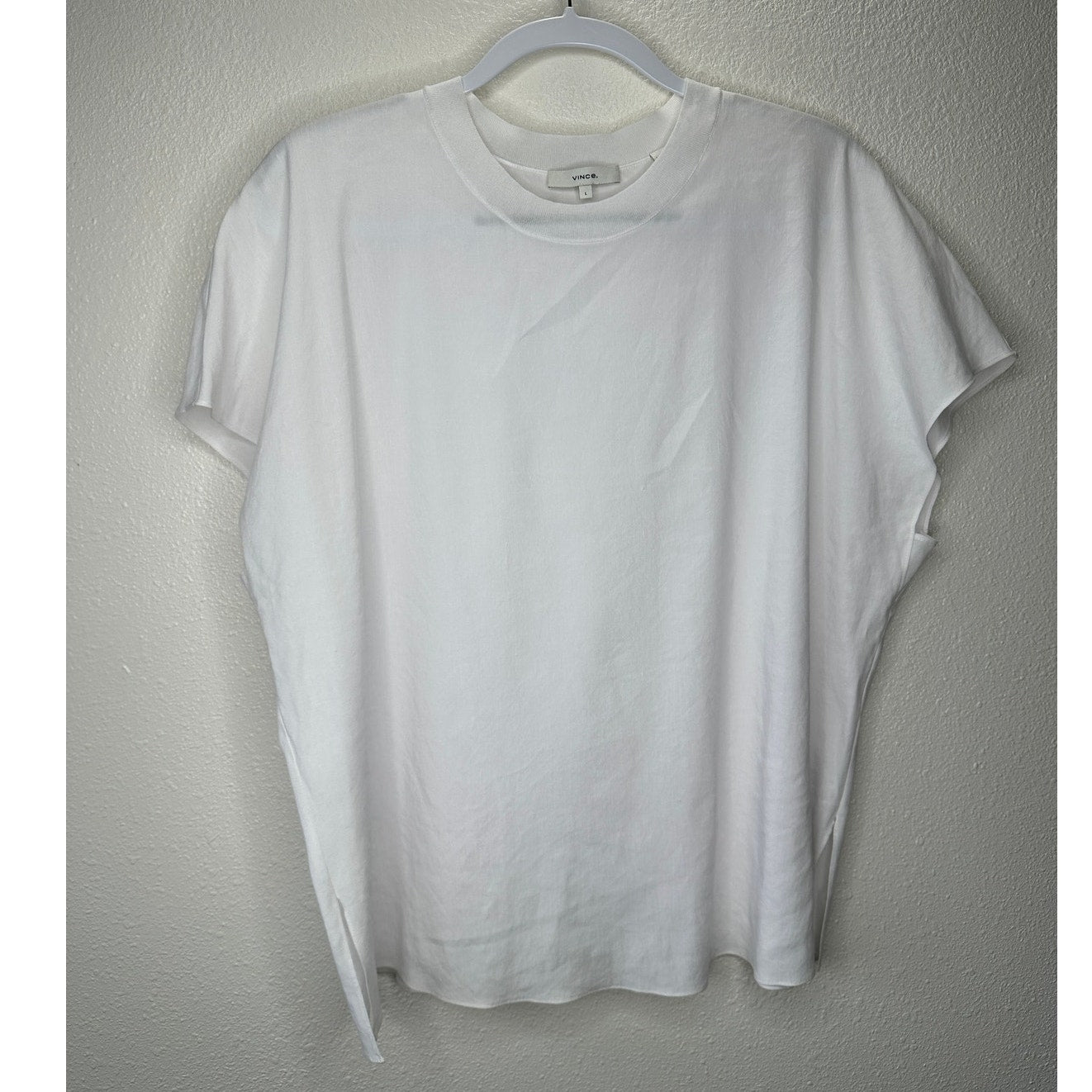 Vince White Linen Round Neck Cap Sleeve Side Slit Boxy Tee Top L