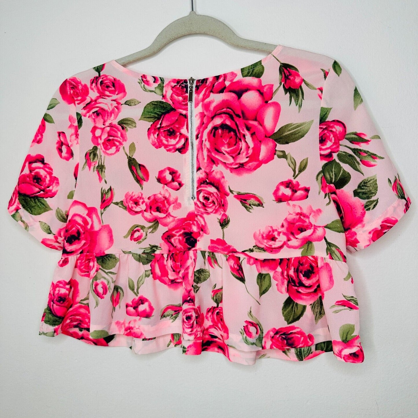 May & July Hot Pink and Green Floral Rose Short Sleeve Peplum Crop Blouse S