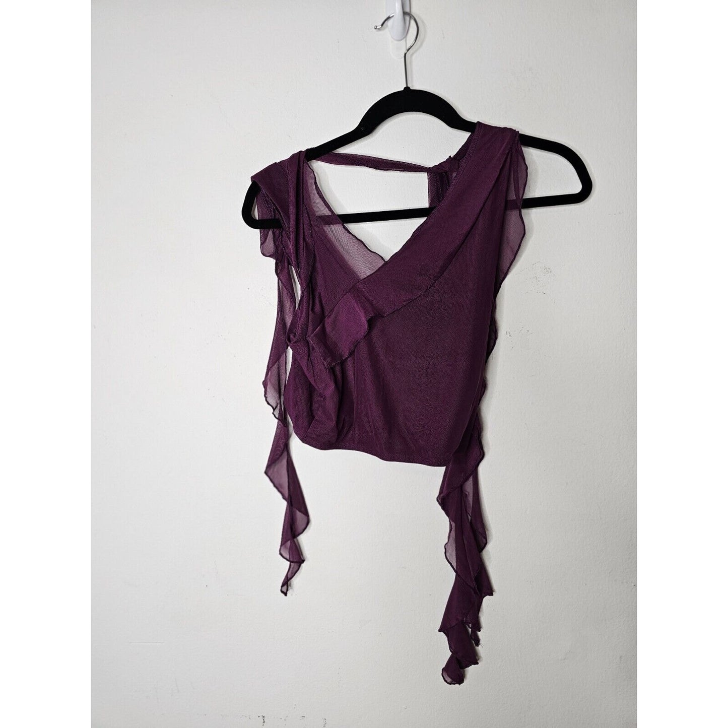 Cider Cute Purple Sleeveless Ruffle Mesh Faux Wrap Tie Neck Blouse Top Small