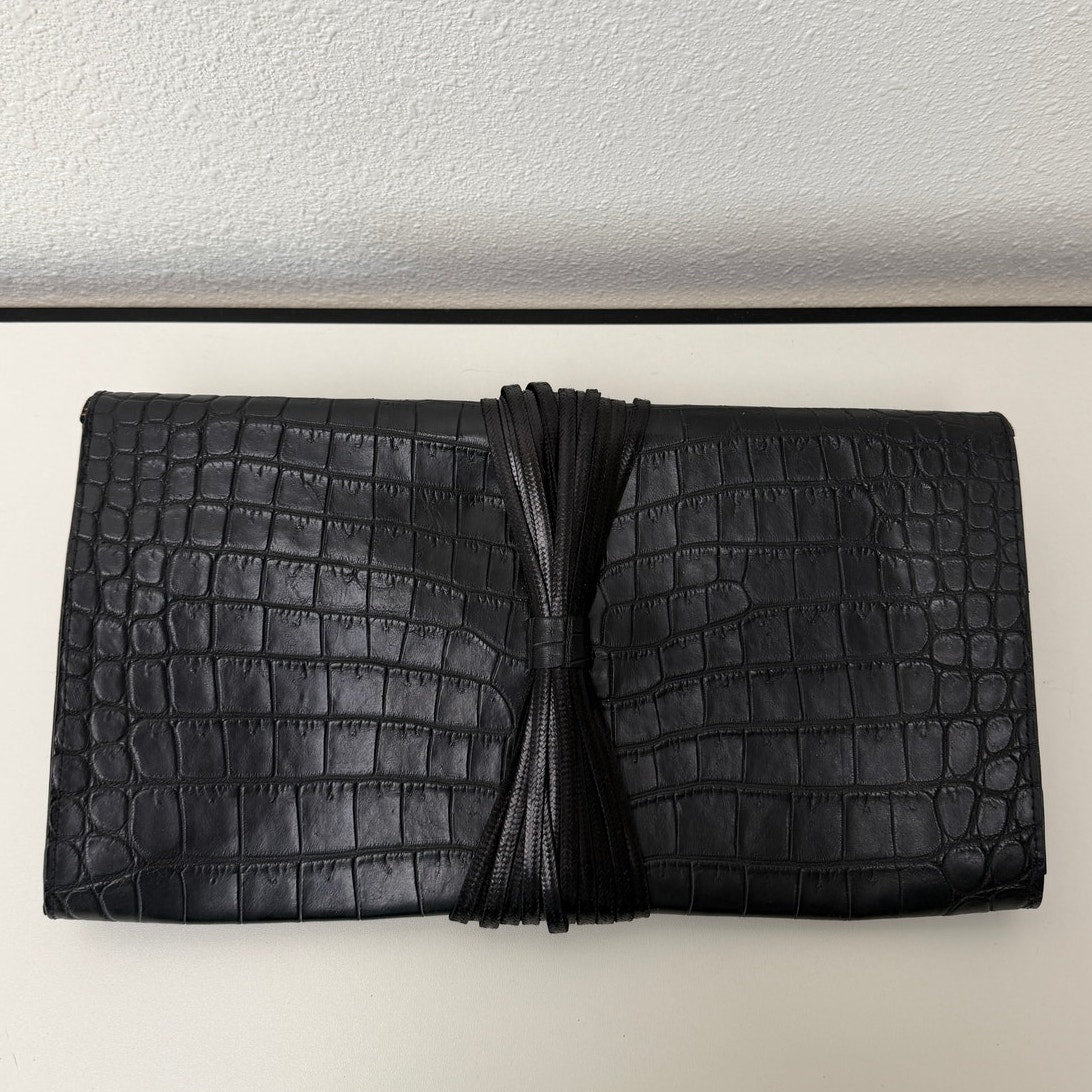 RARE Raven Kauffman Couture Black Croc Leather Bird Head Envelope Clutch Bag