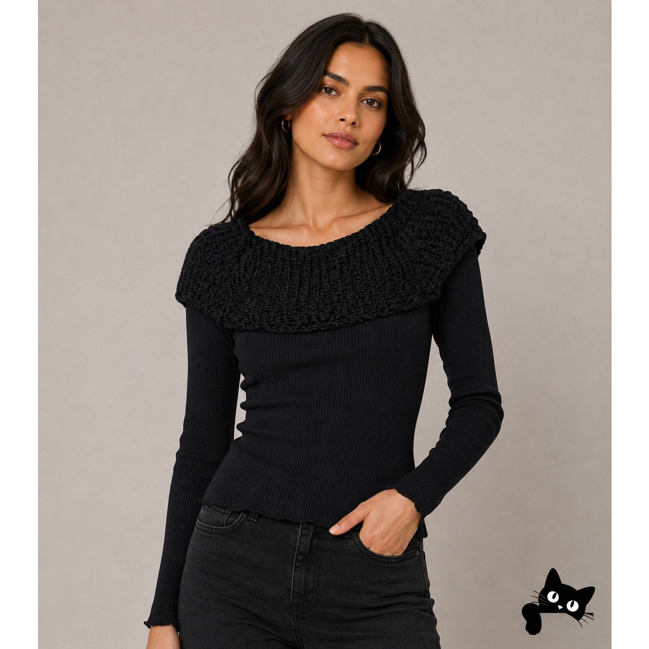 Black Long Sleeve Stretchy Blouse Shawl Cowel Crochet Wide Neckline Medium