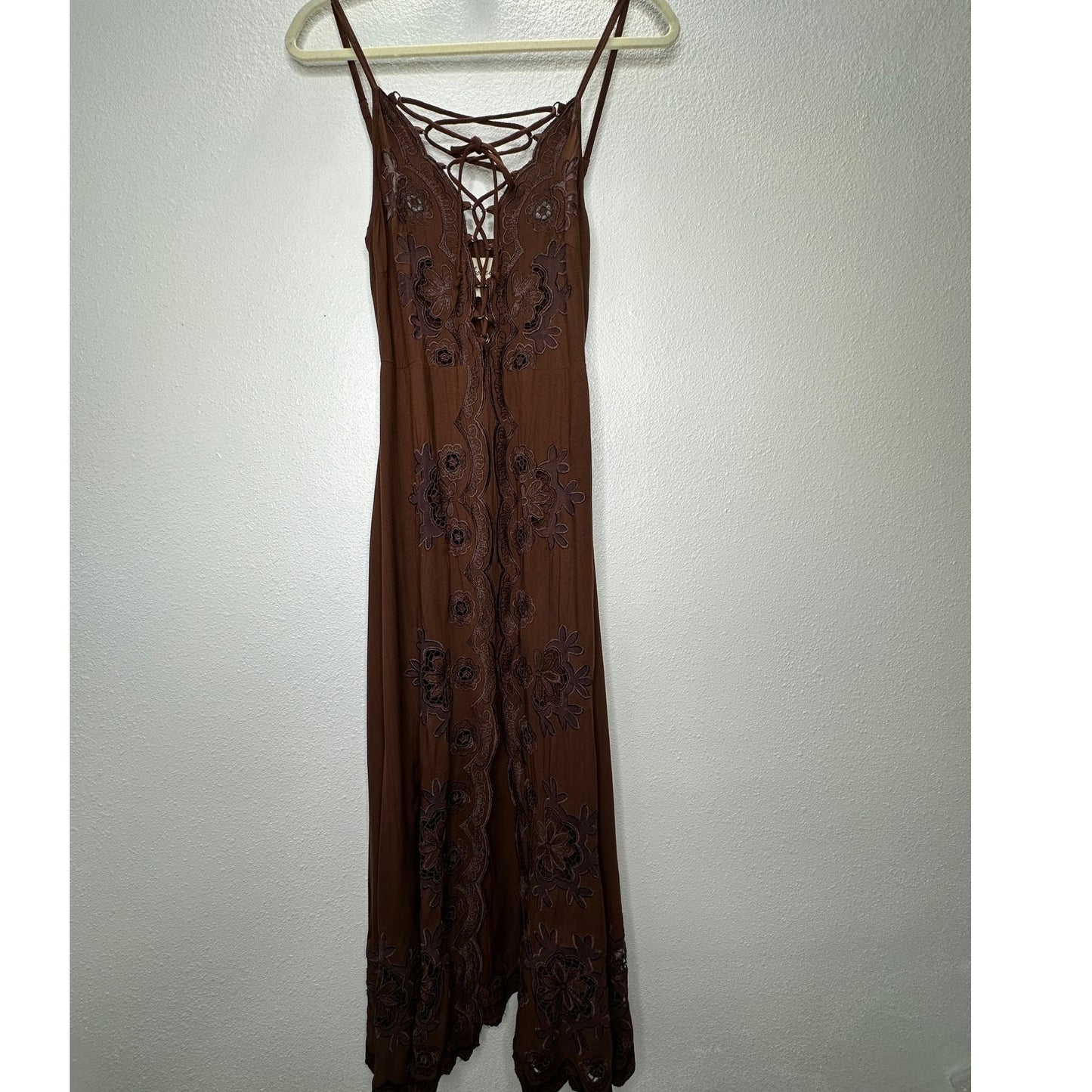 Cleobella Annie Chestnut Brown Lace Up Crochet Split Front Midi Dress XS