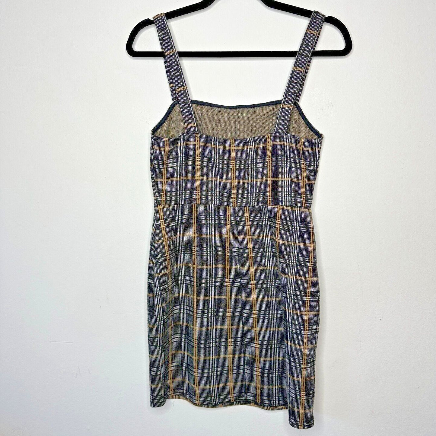 Cute Gold Gray White Black Plaid Sleeveless Knit Jumper Overall Mini Dress Med