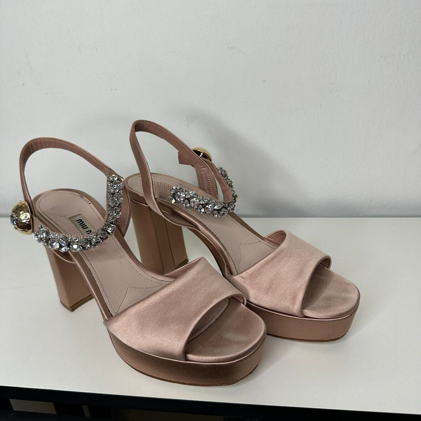 Miu Miu Nude Calzature Donna Satin Crystal Ankle Strap Platform Block Heels 10.5