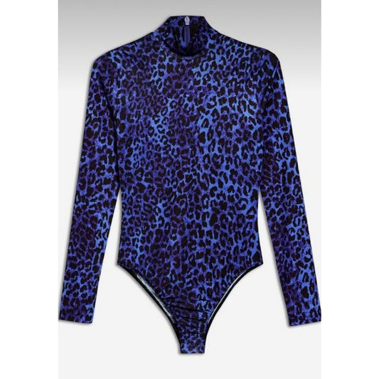 Topshop x Halpern Blue & Black Cheetah Mock Neck Back Zip Snap Bottom Bodysuit 2