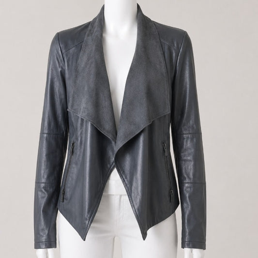Bagatelle Pewter Gray Faux Leather Open Front Waterfall Jacket Zip Pocket Medium