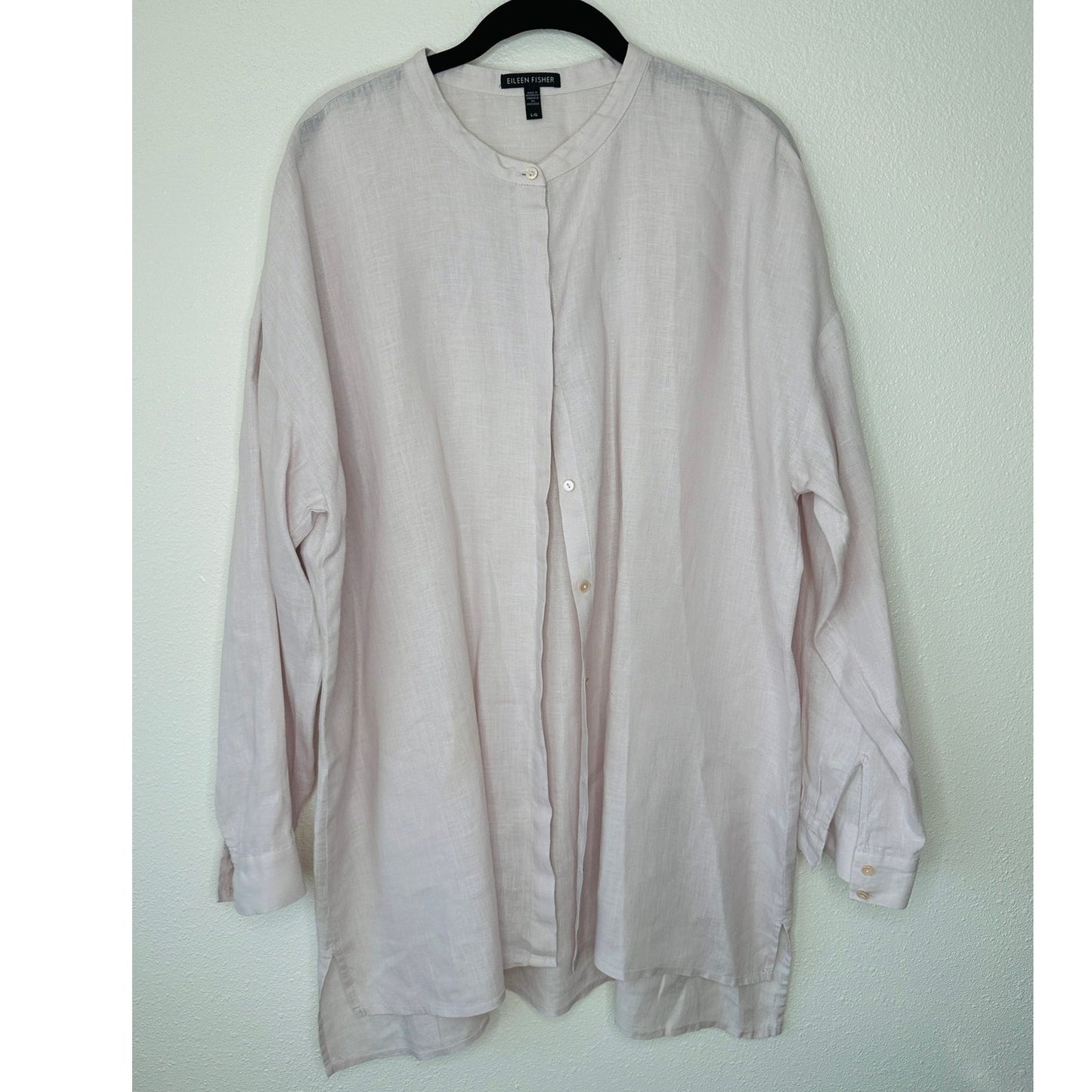 Eileen Fisher Pale Pink Organic Handkerchief Linen Mandarin Collar Shirt L