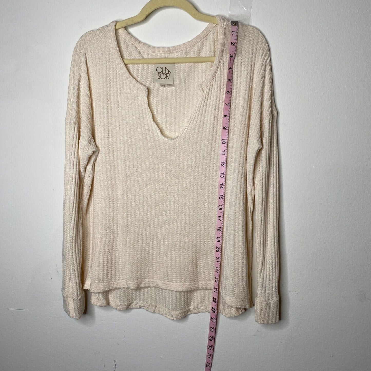 Chaser Vintage Cream Thermal Raw Split Neck Long Sleeve Soft Stretchy Top S