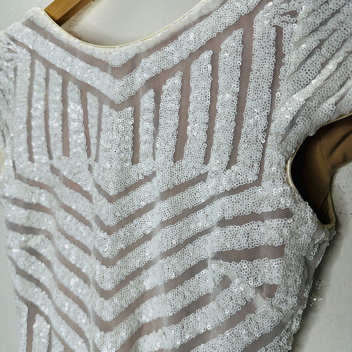 NWT Dress The Population White & Nude Sequin Aztec Print Open Back Cap Sleeve S