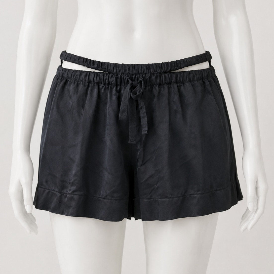 NWT PRFCT NMBR Black Satin Open Side Waistband Drawstring Shorts M