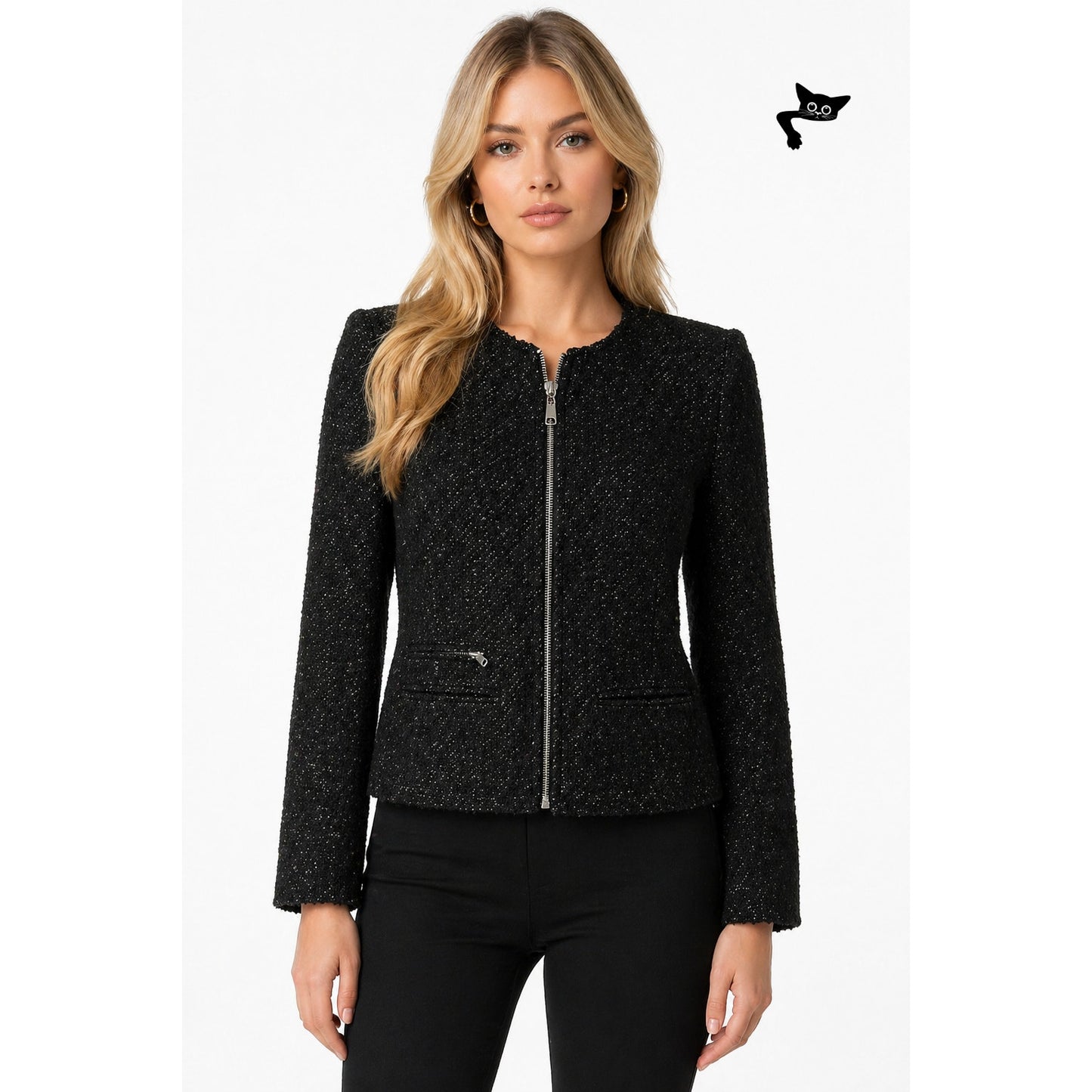 Anine Bing Houndstooth Tweed Jacket Zip Front Shoulder Pad Size S