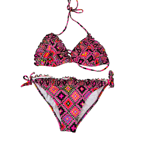 BIllabong Brown Pink Yellow Multi Print Ruched Ruffle Trim Bikini L