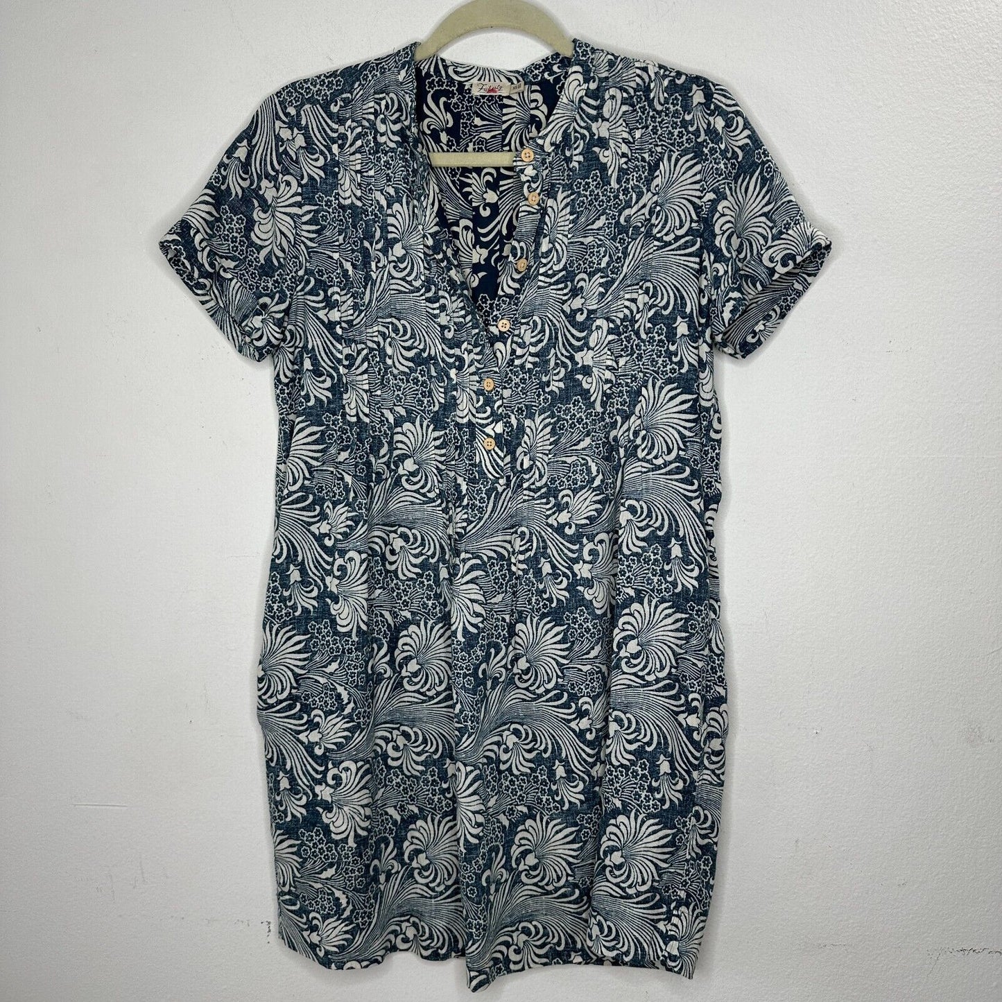 Faherty Cream & Blue Hawaiian Print Gemina Tunic Dress Split VNeck Short Sleeve