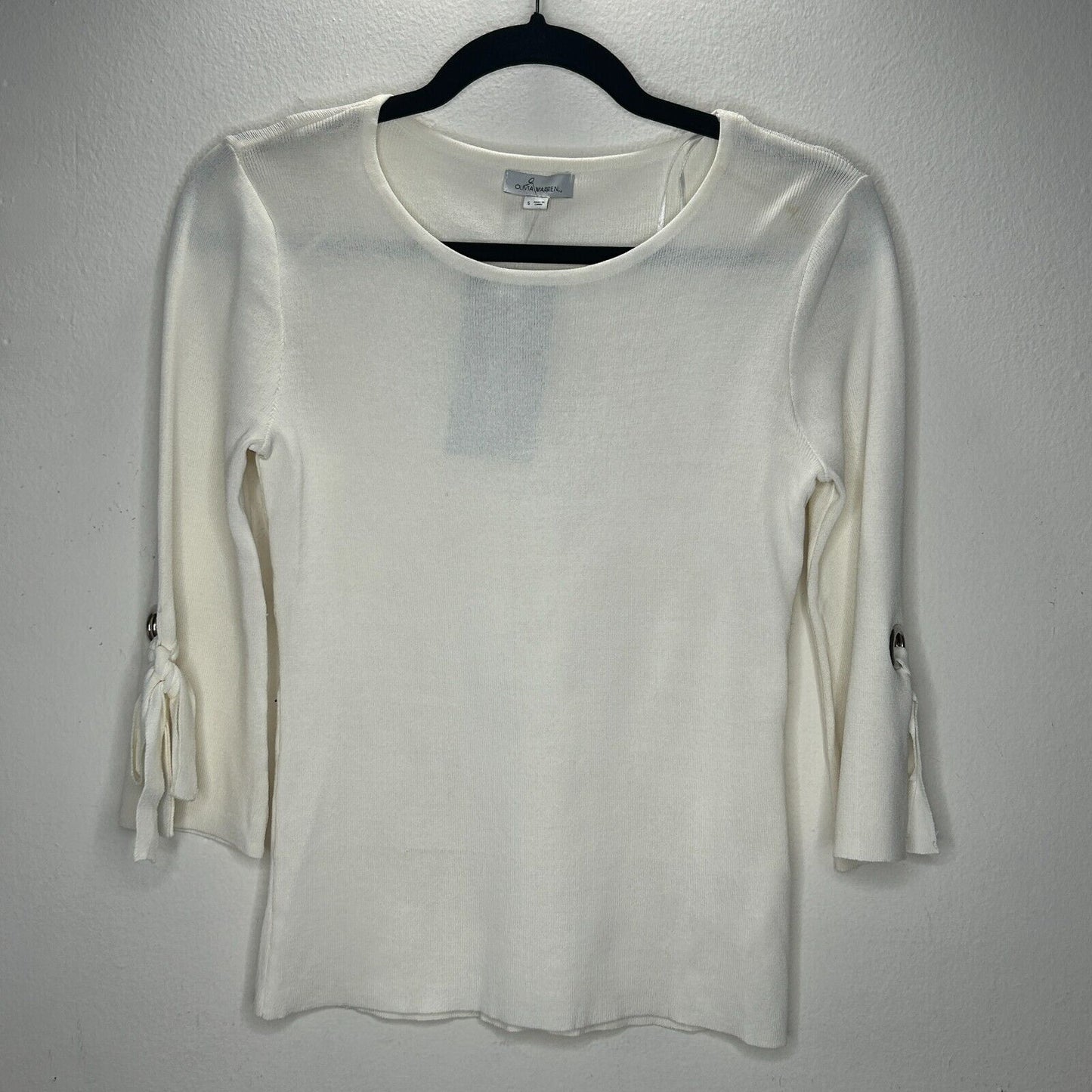 NWT Olivia Warren Off-White Round Neck 3/4 Grommet Tie-Sleeve Sweater Small