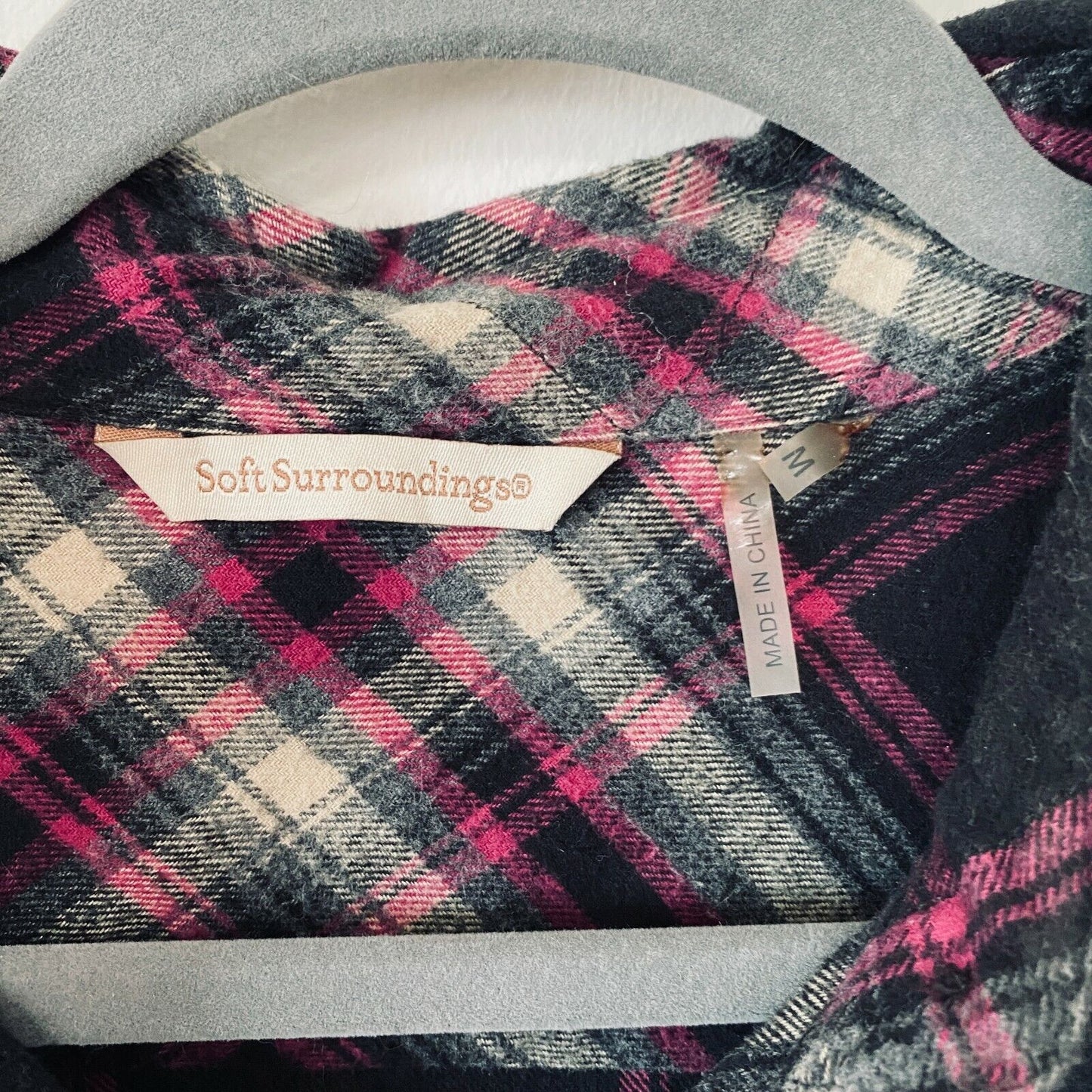 Soft Surroundings Magenta Black Plaid Button Elbow Patch Embroidered Pocket M