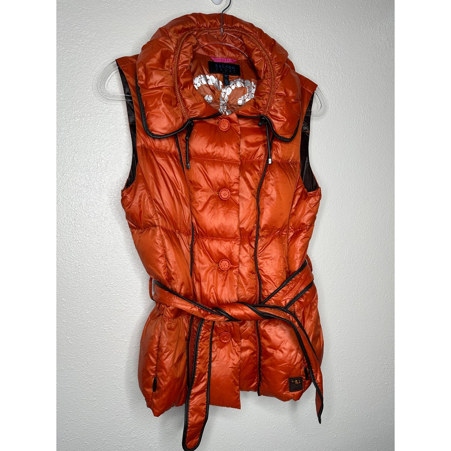 Escada Sport Orange Goose Down Quilted Puffer Belted Vest 38 / 8